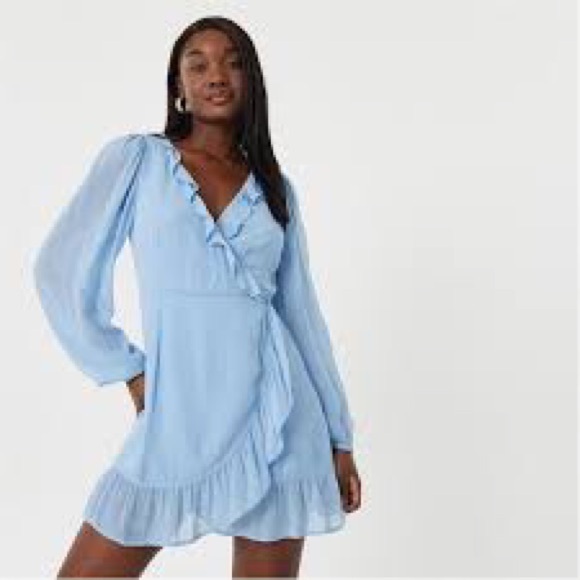 Lena Dresses & Skirts - Lena Ruffled V-Neck Puff Sleeve Button Wrist True Wrap Mini Dress in Light Blue